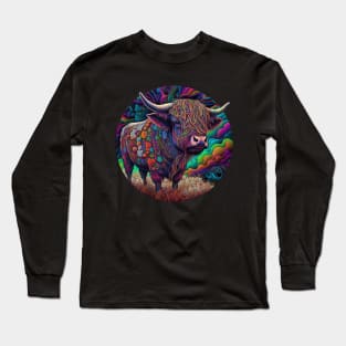 Highland Cow Psychedelic Art Long Sleeve T-Shirt